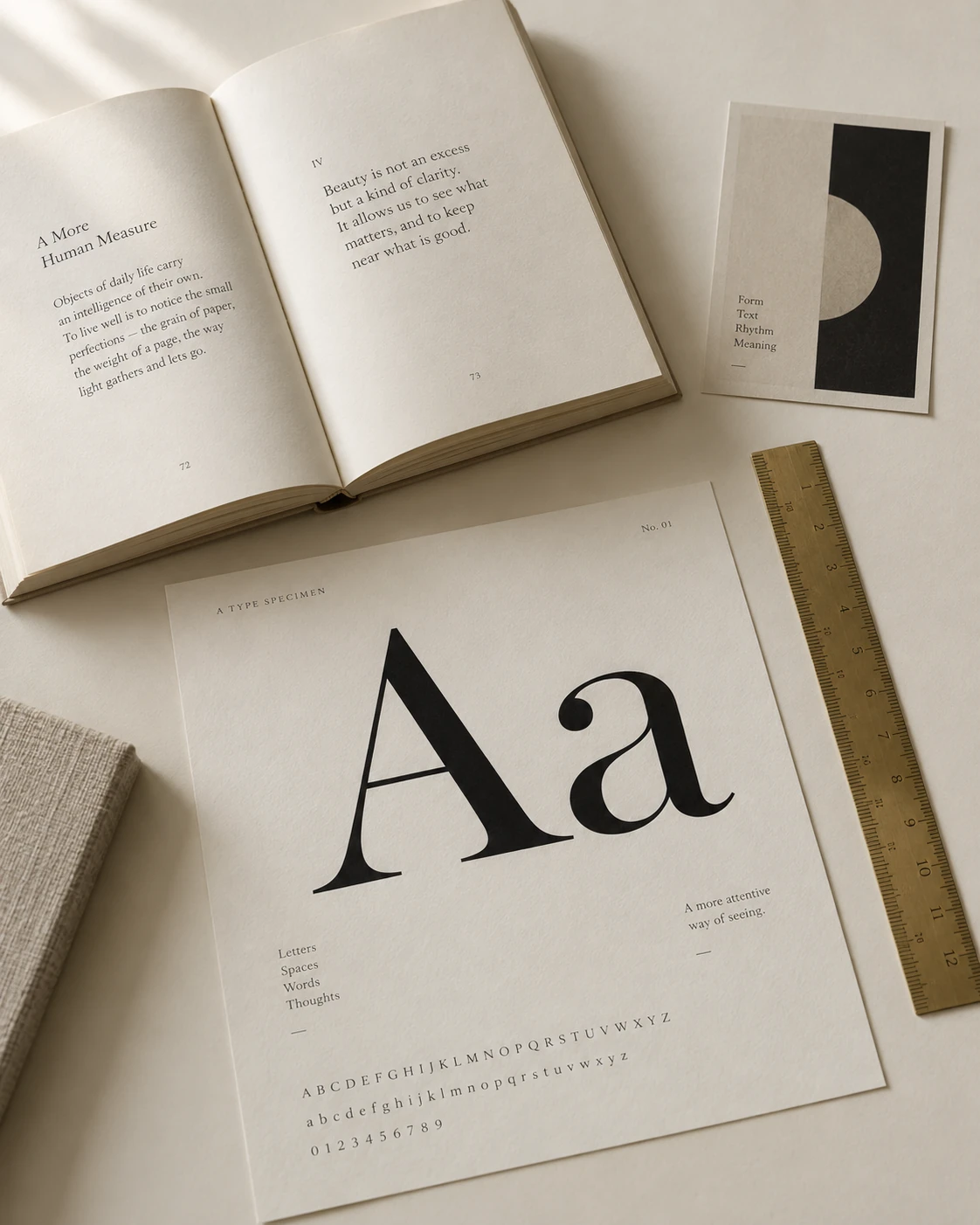 Editorial still life of an open book, a serif type specimen, a cover proof and a brass ruler on warm ivory paper
